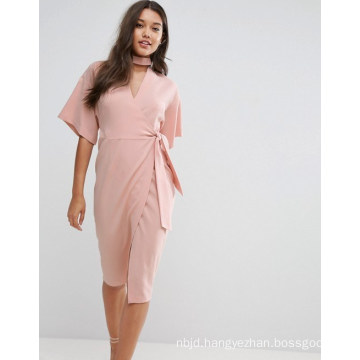 Wrap MIDI Dress with Choker Neck